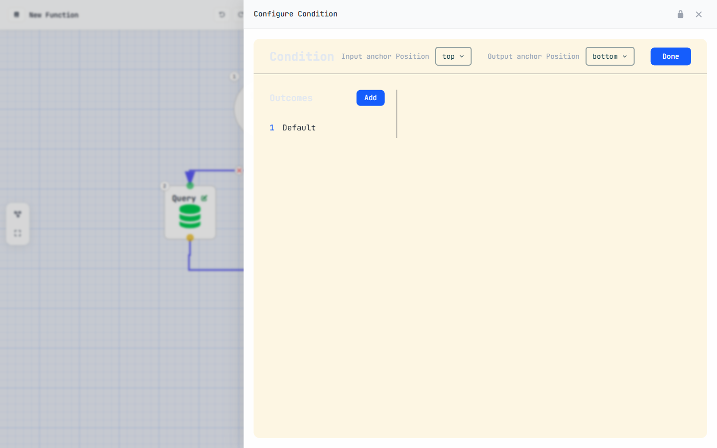 The Configure Condition panel showing an Outcomes list with a Default outcome and an Add button to create more branches.