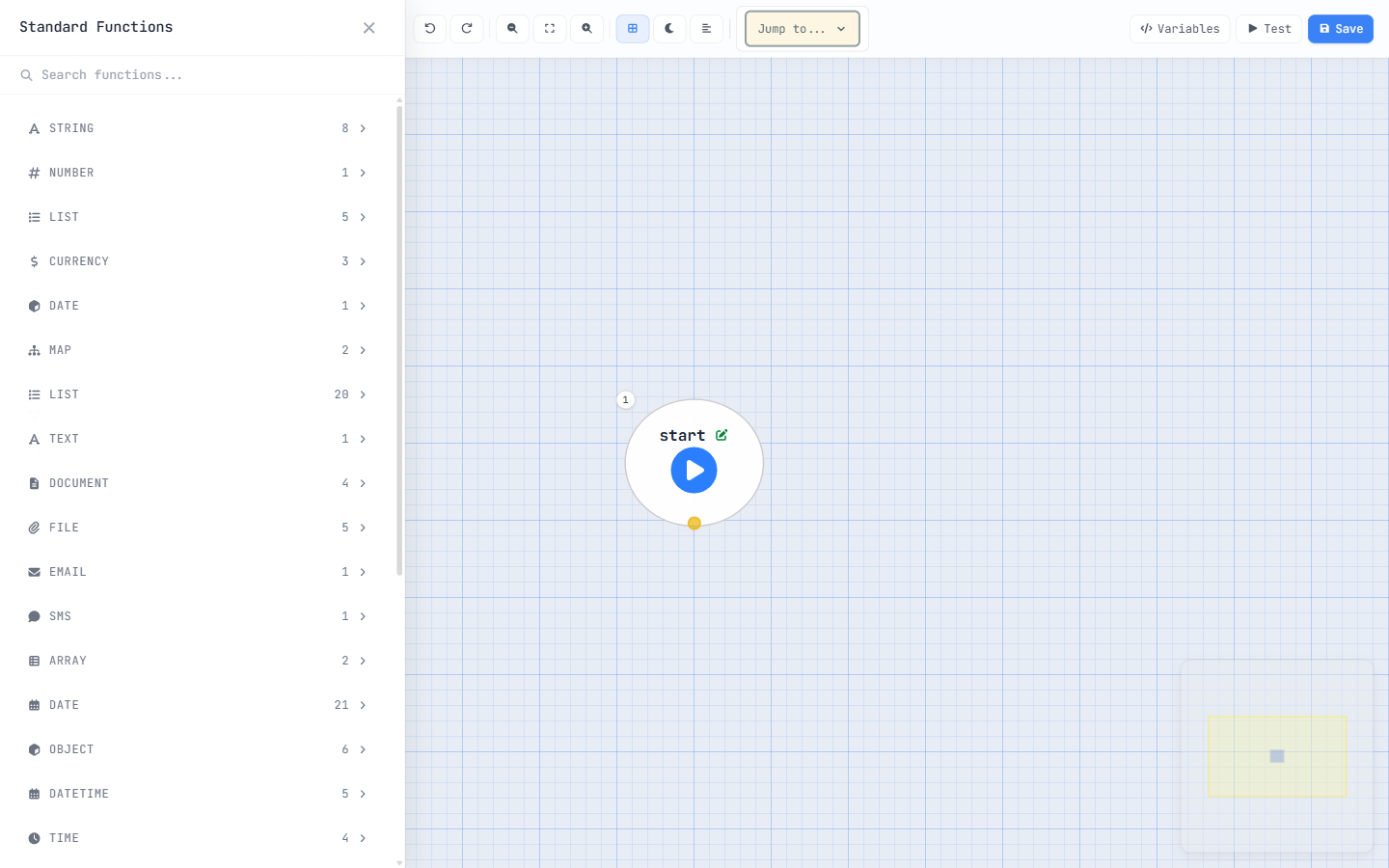 The Node Reference panel listing standard function categories such as String, Number, List, Date, OAuth and AI with counts.