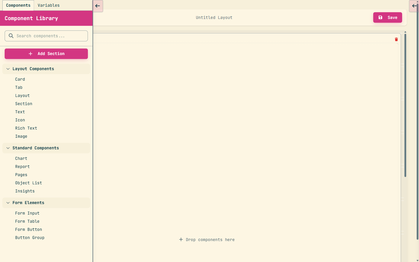 The Aquargin page builder: a Component Library panel on the left listing components including Rich Text, and an empty canvas reading Drop components here.