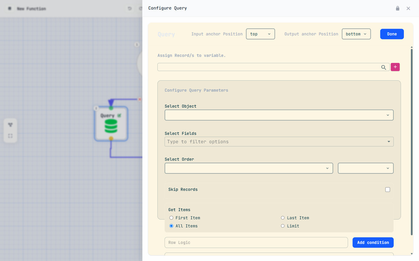 The Configure Query panel: assign records to a variable; select object, fields and order; a Get Items choice of First, Last, All or Limit; and Row Logic conditions.