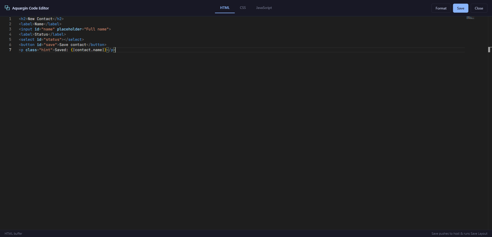 The Aquargin Code Editor with HTML, CSS and JavaScript tabs, showing the New Contact form markup including a status placeholder.