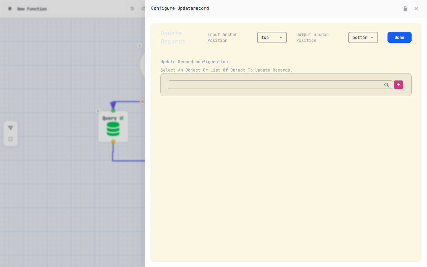 The Configure Update Record panel: select an object or list of objects to update records.