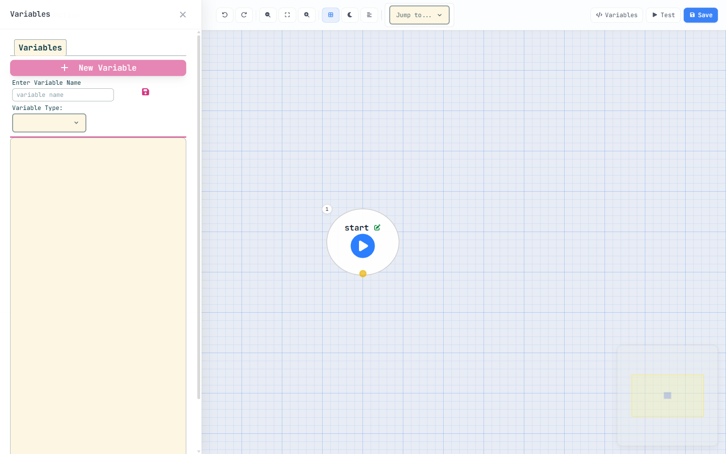 The Variables panel New Variable form, with a field for the variable name and a dropdown for the variable type.