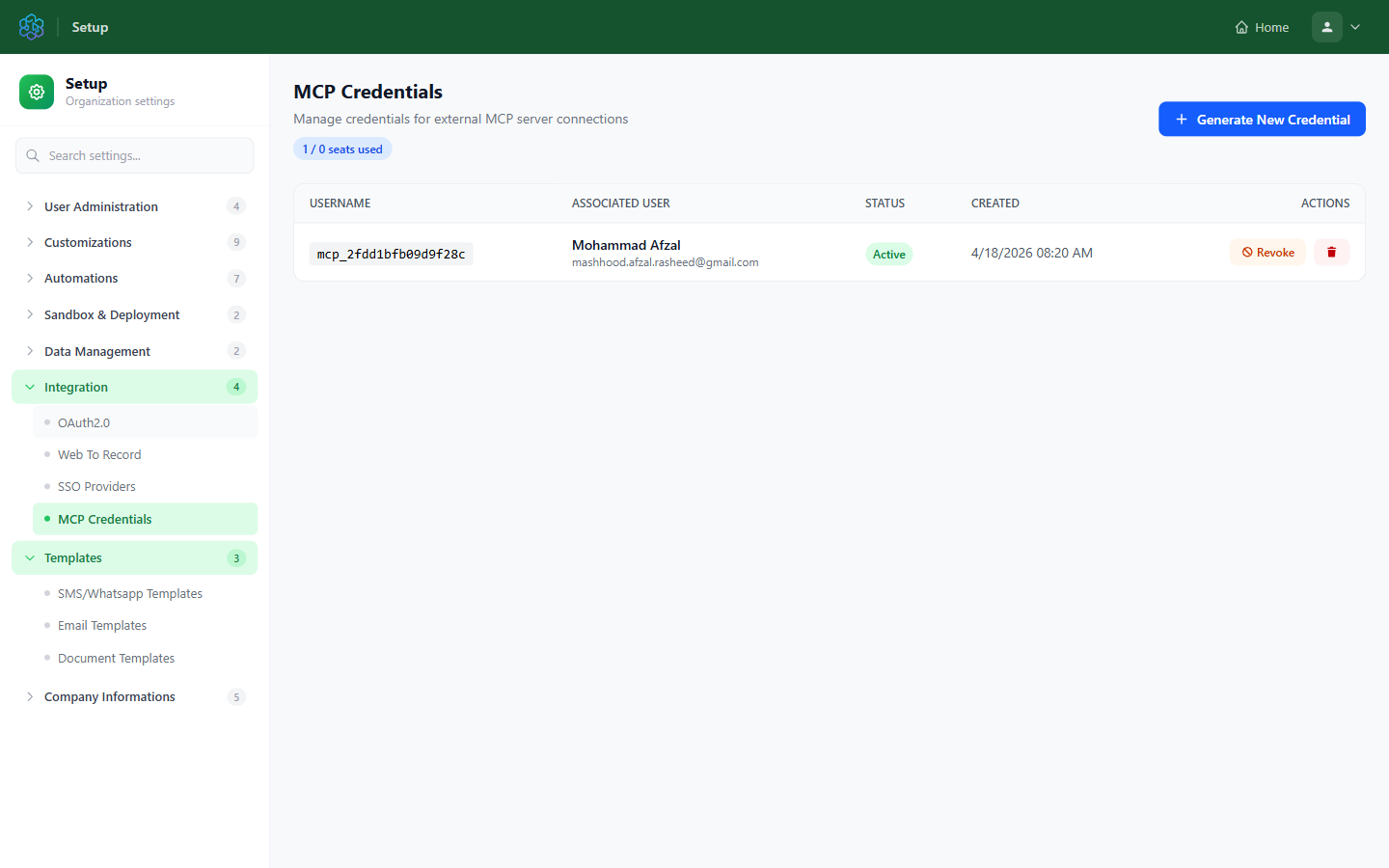 The MCP Credentials console listing per-user tokens with username, associated user, status and created date.